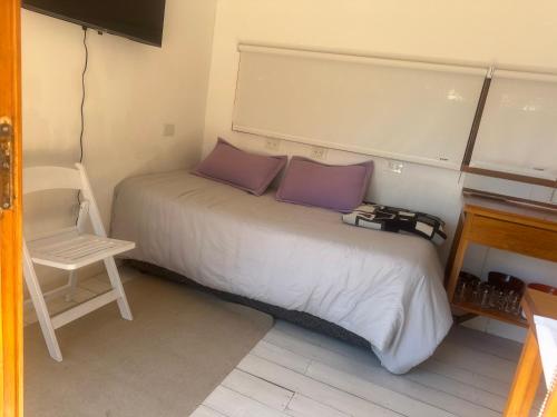 a bed with purple pillows and a chair in a room at Cabaña Sobre Playa Lago Gutiérrez 2 in San Carlos de Bariloche