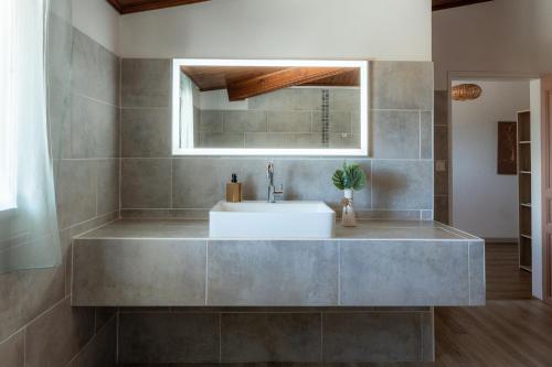 a bathroom with a sink and a mirror at Résidence tamarin in Rivière
