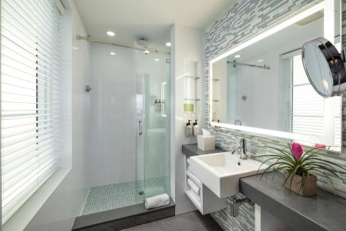 a bathroom with a sink and a shower and a mirror at The Palms Hotel & Spa in Miami Beach
