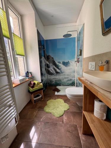 a bathroom with a shower and a sink and a toilet at Casa Restelli EG - nahe Andermatt Gotthard in Gurtnellen