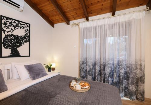 a bedroom with a bed and a large window at Oiti Mountain Apartments in Pavliani