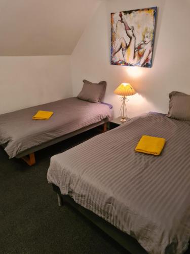 two twin beds in a room with a lamp at Eksklusiv stort boende Suite 1 in Frederikshavn