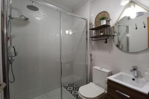 a bathroom with a shower and a toilet and a sink at Townhouse with Rooftop Terrace in Olhão in Olhão