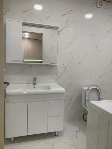 a white bathroom with a sink and a toilet at E&L Apartment tbilisi in Tbilisi City