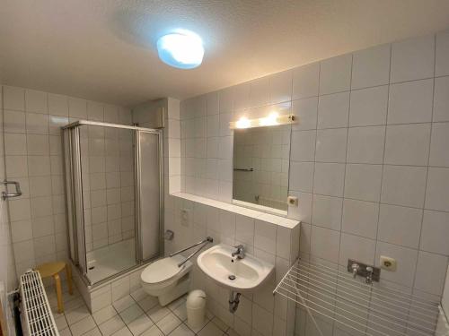 a bathroom with a sink and a toilet and a mirror at Hafenidylle-Orth-auf-Fehmarn in Orth