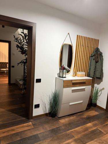 a bathroom with a dresser and a mirror on it at Julien House in Prisaca Dornei
