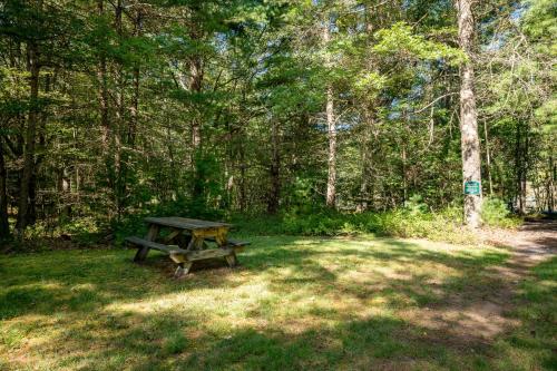 a picnic table in the middle of a forest at Bracken Lodge by Railey Vacations in Swanton