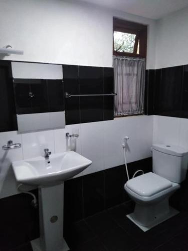 a bathroom with a white toilet and a sink at Lake parth Giritale in Giritale