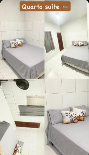 three pictures of a room with a bed and a sqor at Tô A Tôa in Touros