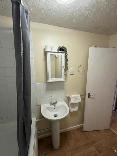 a bathroom with a sink and a mirror at Tranquil 1BD in Edmonton in Ponders End