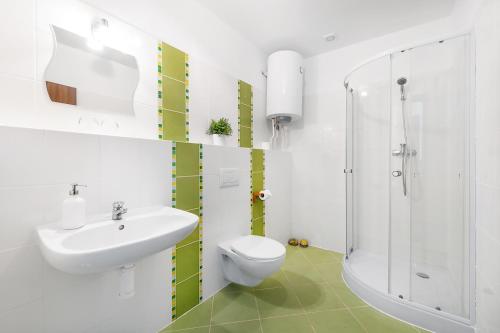 a bathroom with a sink and a toilet and a shower at Penzion Sole in Bučovice