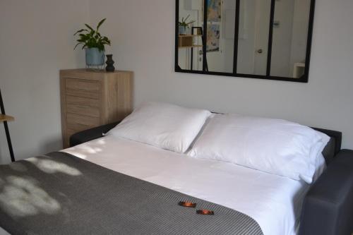 a bed with two pillows and a mirror on the wall at OCEAN PLAGE Appartement-terrasse-garage-wifi-draps et serviettes in Hendaye