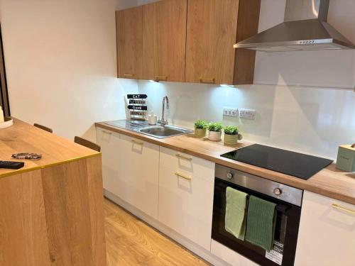 a kitchen with a sink and a stove top oven at 7 min from Edinburgh Airport 2 Bedroom Apartment in Edinburgh