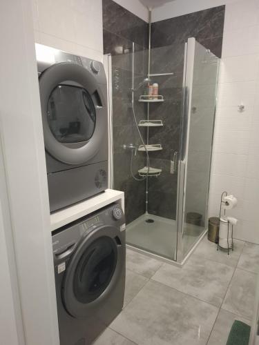 a bathroom with a washing machine and a tv at Poli House Premium in Dąbrowa