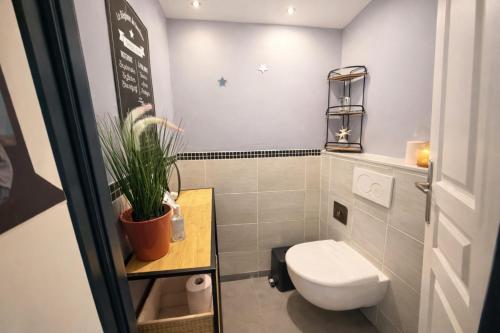 a bathroom with a toilet and a plant on a table at Loge au ptitbonheur in Savasse