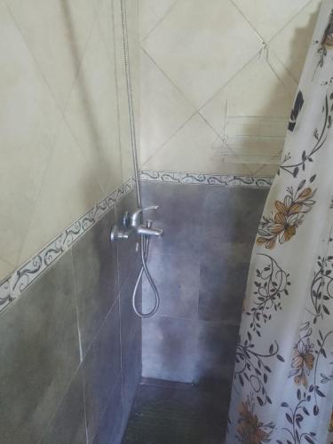 a shower in a bathroom with a shower curtain at Cabañas Cosquín in Cosquín