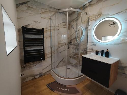 a bathroom with a shower with a sink and a mirror at Mieszkanie Janowice in Janowice Wielkie