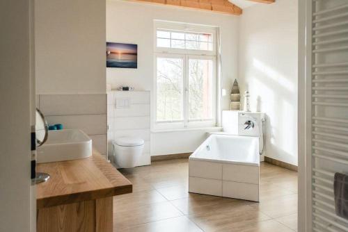 a bathroom with two sinks and a toilet and a window at Gut-Royum-Grosse-Diele in Brodersby