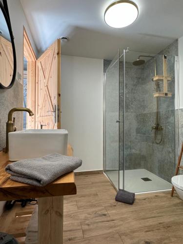 a bathroom with a glass shower and a sink at Chata na Zielonym Wzgórzu in Garcz