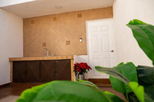 a kitchen with a sink and a white door at Loft Montecarlo in Hermosillo