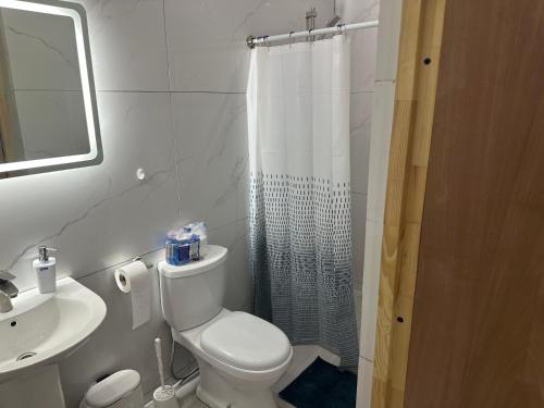 a white bathroom with a toilet and a shower at Prestige Apartments C - Affordable Studio Near Sambil Shopping Mall with Fast WiFi in Willemstad