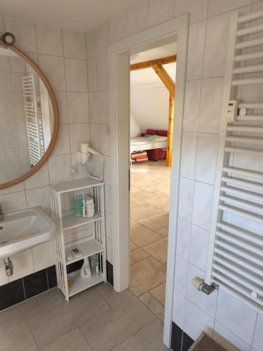a bathroom with a sink and a mirror at Maisonette with large terrace in Leipzig