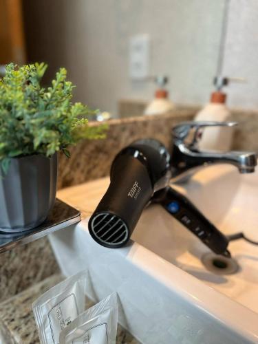 a hair dryer sitting on a sink next to a plant at St Oeste Superking Ar, Cozinha, Office, Vaga in Goiânia
