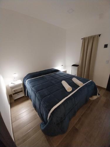 a bedroom with a blue bed with two pillows on it at Dormi km3 in Comodoro Rivadavia