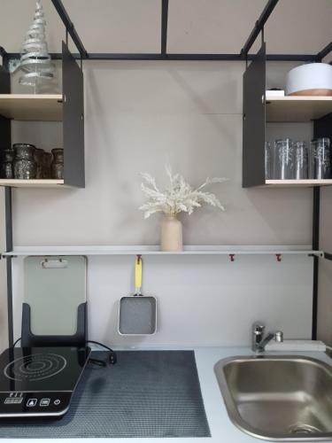 a kitchen counter with a sink and a stove at The Cosy Beach Nook 2BR Near Airport & Beach in Sydney