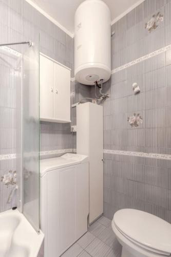 a white bathroom with a toilet and a shower at Maison Leti Comfort Studio in Bellagio