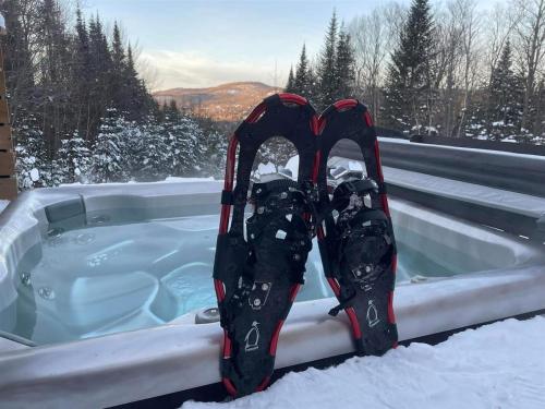 a pair of skis sitting on top of a hot tub at Charme-Nord in Sainte-Agathe-des-Monts