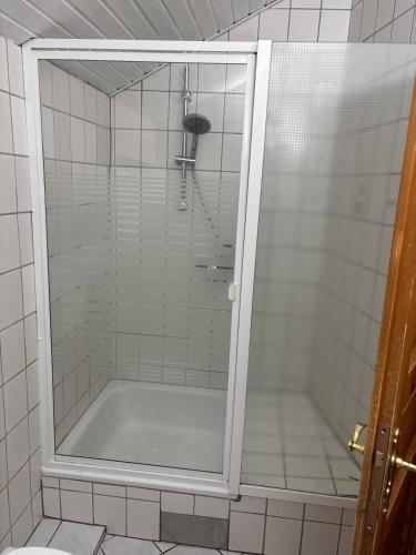 a shower with a glass door in a bathroom at Ferienwohnung Frieda in Bückeburg