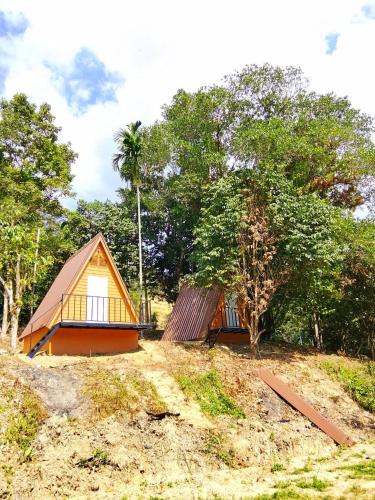 a small house on top of a hill with trees at mist valley in Ban Nong Chaeng