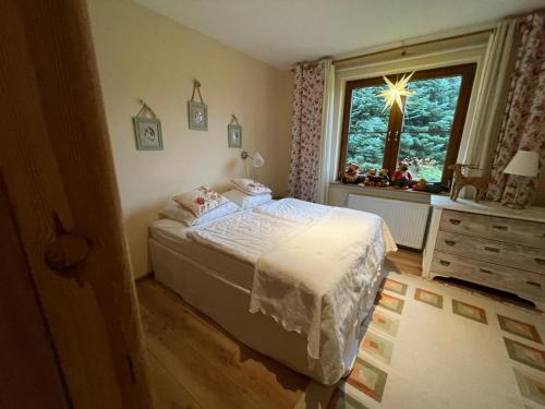 a small bedroom with a bed and a window at Willa Matylda Karpacz in Ściegny