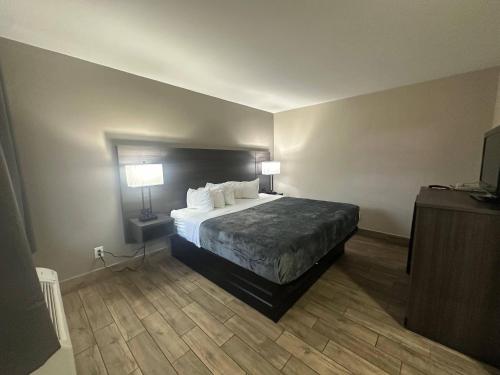 a hotel room with a bed and two lamps at Econo Lodge St Petersburg Central in St. Petersburg