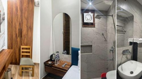 two pictures of a bathroom with a sink and a shower at Hotel 7heaven in Kānpur