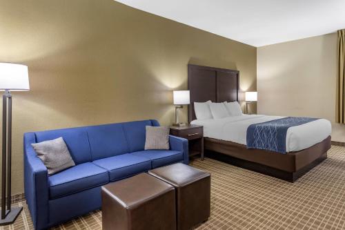 a hotel room with a bed and a blue couch at Comfort Inn St Robert-Fort Leonard Wood in Saint Robert
