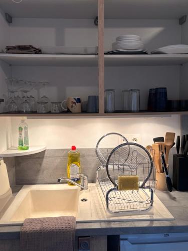 a kitchen sink with a dish drying rack next to it at Refuge idéal in Digoin