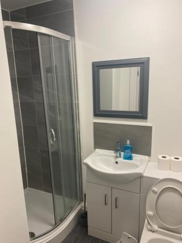 a bathroom with a shower and a toilet and a sink at Beresford Guest House in Stoke on Trent