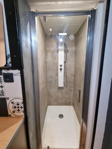 a bathroom with a shower with a phone in it at Le Duplex in Coligny
