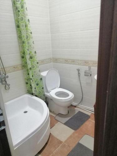 a bathroom with a white toilet and a shower at TOPTEN Hotel Tashkent in Yalanghoch
