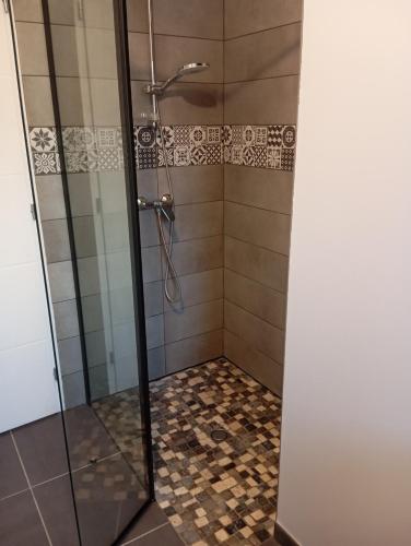 a shower with a glass door and a tile floor at Loire et Vignes in Saint-Bouize