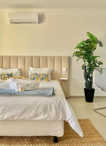 a bedroom with a large bed and a potted plant at F&V Studio Vilamoura in Quarteira