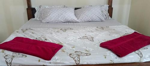 a bed with two red pillows on top of it at Zamani Matemwe House in Matemwe