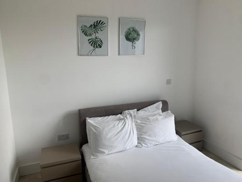 a bedroom with a bed with two pictures on the wall at Modern 2 bedroom Apt with easy access to Central London, O2, Excel centre and Parking in Woolwich