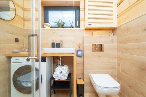 a tiny bathroom with a sink and a toilet at Luisówka - majestatyczny domek z jacuzzi in Stronie Śląskie
