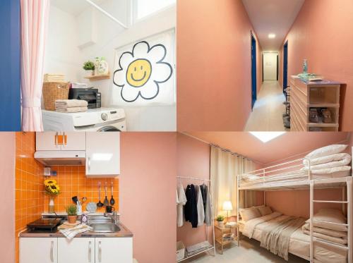 a collage of photos of a kitchen and a room at 자자쿨스테이 in Seoul