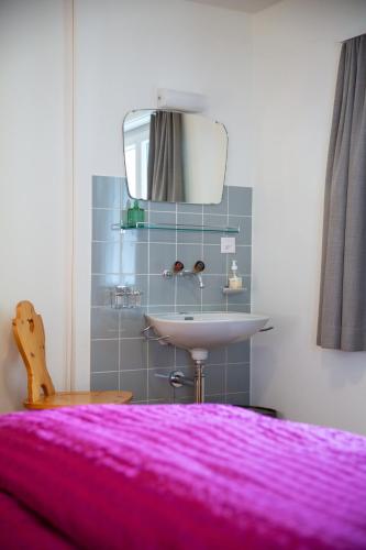 a bedroom with a sink and a mirror at Gasthaus Sonne in Urnerboden