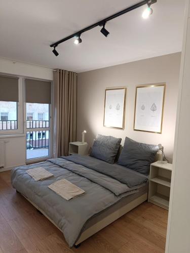 a bedroom with a large bed and a window at Apartament Kaszmir 3 in Sławno