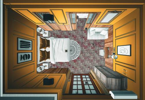 un tableau représentant une salle de bains avec douche dans l'établissement Pure Gardères, à Monlezun